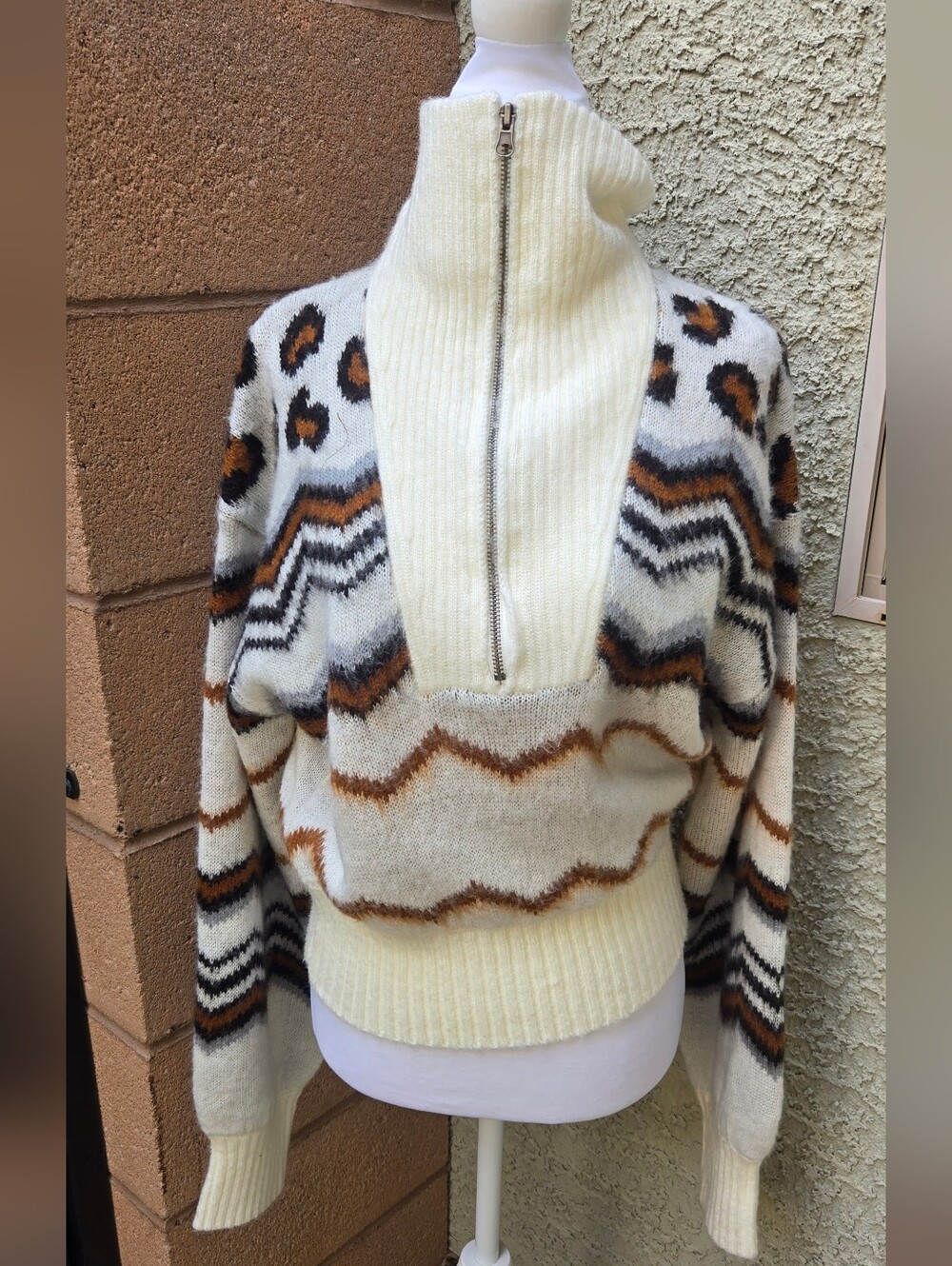 AFRM Cream Chevron Zip-Neck Sweater - Picture 2 of 10